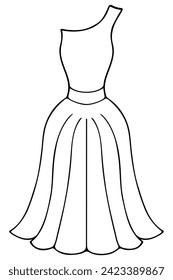 Evening dress with one strap. One-shoulder sundress, floor-length, with a full skirt. Sketch. Women's clothing with a narrow waist and pleated hem. Vector illustration. Doodle style. 