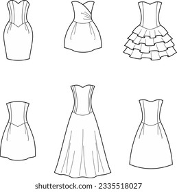Evening dress set flat sketch. Holiday gown apparel design. Front view. Women CAD mockup. Fashion technical drawing template. Vector illustration.