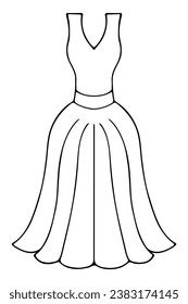 Evening dress with two straps. Floor-length sundress with a full skirt. Sketch. Women's clothing with a narrow waist and pleated hem. Vector illustration. Doodle style. Outline on isolated background.