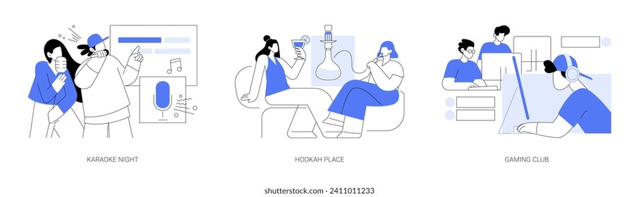 Abends Unterhaltung einzeln Cartoon Vektorgrafiken Satz. Karaoke Nacht, Rauchen Shisha in Hookah Ort, Gaming-Club mit vielen Computern, Freizeit mit Freunden Vektorgrafik.