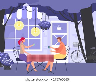 Evening fabulous lovely couple date, character male female lover dinner chat flat vector illustration. Romantic restaurant dinner night, cozy cafe place. Couple infatuation communicate.