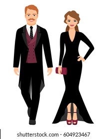 Evening fashion outfit people. Man in black tux and lady in long black dress on white background. Vector illustration