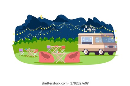 Evening food event semi flat vector illustration. Van to sell coffee. Seasonal market with truck. Nighttime fair in urban park. Summer food court 2D cartoon scenery for commercial use
