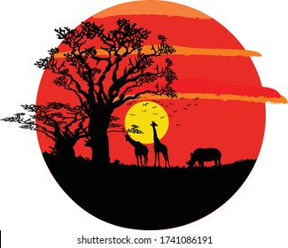 Evening forest illustration and animals