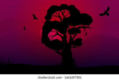 Evening forest landscape, oak and grass on the river bank and birds in the cloudy sky, black and gray silhouettes on a white background. Vector
