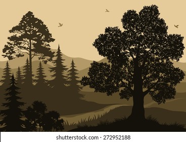 Evening Forest Landscape, Trees, Mountain and Birds Silhouettes. Vector