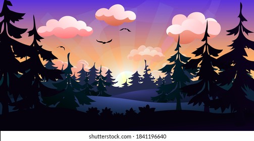 Evening forest. Silhouettes of coniferous trees against the backdrop of a bright sunset.