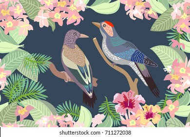 Evening garden and birds. Seamless vector print with woodpeckers, blooming flowers and leaves. Victorian motifs. On white background.