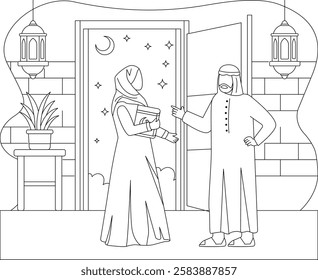 Evening Gatherings During Eid Holidays vector icon design ramadan ied al-Fitr outline Muslim fasting month scene Arabs home Interior illustration Emirati couple Talking About upcoming Festival concept