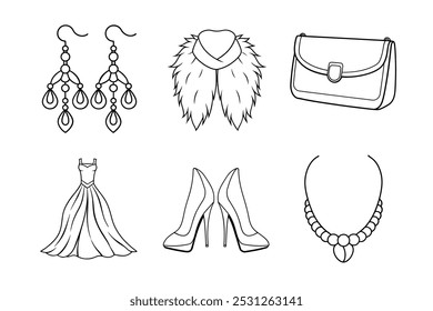 Evening Glamour Vector Line Art Bundle Featuring Elegant Fashion Accessories