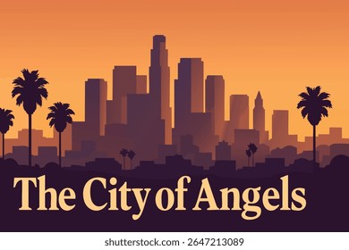 O brilho da noite projeta uma luz quente sobre a paisagem urbana de Los Angeles, destacando o horizonte icônico e os marcos famosos, criando uma vista deslumbrante da cidade