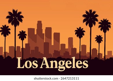 O brilho da noite projeta uma luz quente sobre a paisagem urbana de Los Angeles, destacando o horizonte icônico e os marcos famosos, criando uma vista deslumbrante da cidade