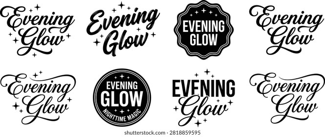Evening Glow typography logo design, nighttime magic text, decorative stars, elegant lettering, circular badge emblem, creative branding flat vector illustration