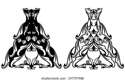 evening gown black and white vector design set - abstract long dress outline