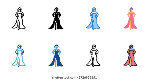 Os ícones do vestido de noite definem uma coleção de vários estilos. Traçado editável 

