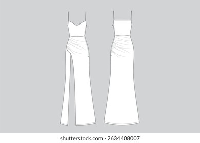 Evening Gown Technical Drawing with Slit and Drape Detail