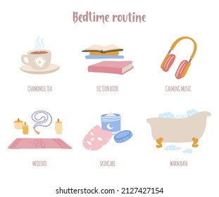 Evening habits for better sleep: warm bath, reading, skincare, chamomile tea, calming music, meditation. Elements bedtime routine. Hand drawn vector decorative illustration in trendy flat style.