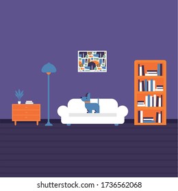 Evening home interior. Vector illustration. Cozy sofa, shelves with books and a dog.