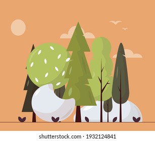 Por la noche, paisaje horizontal con varios árboles, hermosa puesta de sol y casa ovalada. fondo vectorial.