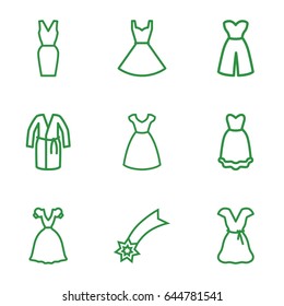 Evening icons set. set of 9 evening outline icons such as dress