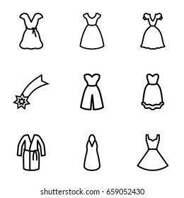 Evening icons set. set of 9 evening outline icons such as dress