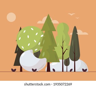 Evening illustration, horizontal landscape with various trees, beautiful sunset and oval shaped home. Vector background.
