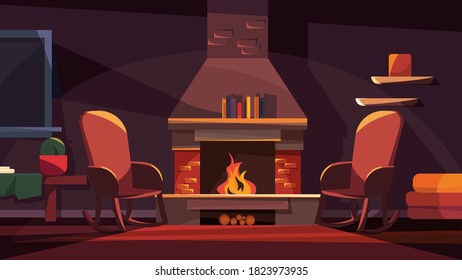 Evening interior with fireplace. Cozy location in cartoon style.