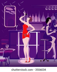 The Evening jazz in restaurant. The Girl in red gown sings the canto about love. Behind girl is located bar rack. Beside sits one more girl, She indulge  of talk.