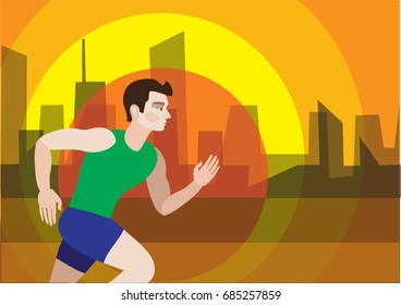 evening jog men in the city at sunset