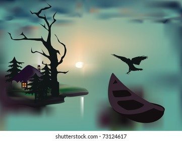 Evening at the lake in the woods