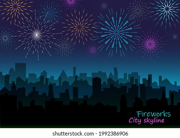 Evening landscape with bright fireworks. Night city skyline with salute. Vector festive firecrackers over town silhouette background. Holiday cityscape illustration