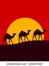 Evening landscape with camel caravan
