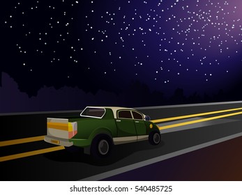 Evening landscape. The car rides on the highway. Lights illuminate the road car. Landscape with the car. Starry sky.