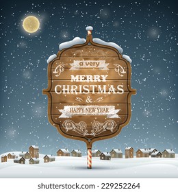 Evening Landscape With Christmas Wooden Greeting Signboard. Vector Illustration.