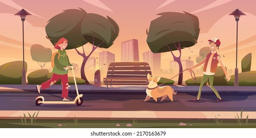 Evening landscape of city park with empty bench and happy people riding scooter and walking dog cartoon vector illustration