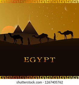 Evening landscape in the desert of Egypt. Vector Illustration Of A Camel Caravan Walking Across A Egypt Desert, Pyramids, The Setting Sun And The Starry Sky.  Great Pyramids background