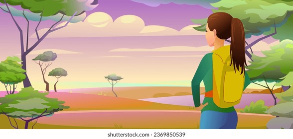 Evening landscape. girl with backpack looks ahead. African savannah with acacias. Hiking trip. Cartoon style. Vector