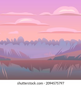 Evening landscape. Grass close up. Rural countryside beautiful view. Twilight after sunset. Early in the morning before dawn. Fields and meadows. In pink and lilac colors. Flat style. Vector.