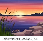  Evening landscape with lake at sunset, sun reflection in water, stones and reeds in foreground, summer nature vector landscape. Outdoor recreation.