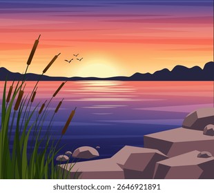  Paisagem noturna com lago ao pôr do sol, reflexão do sol na água, pedras e canas em primeiro plano, paisagem de vetor da natureza de verão. Recreação exterior.