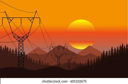 Evening landscape of the line of electro transfers among the wil
