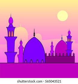 Evening landscape with mosques and sunset. For holy month of muslim community Ramadan Kareem celebration