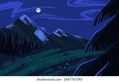 Evening landscape with mountain silhouettes. Grass, field with flowers in moon light. Night sky above meadow, hill, forest. Dark empty nature with moonlight panorama view. Flat vector illustration