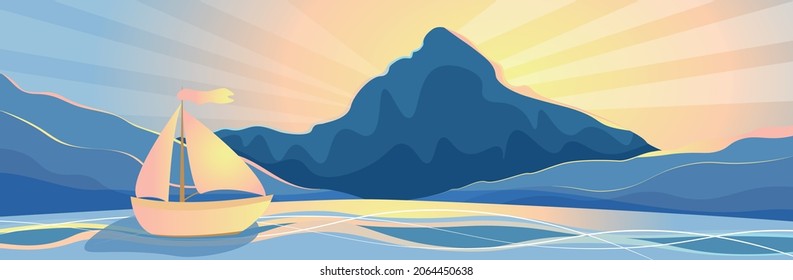 Evening landscape with mountains and boat - vector illustration, eps
