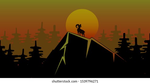 Evening landscape with mountains, trees, sheep and sun. EPS10 vector illustration.