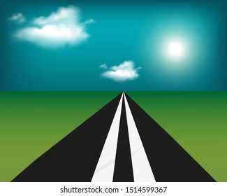 Evening landscape with night sky and moon. Nature on blue background with trees silhouette. Scenery for banner. Magic scene with black road.