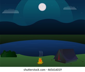 evening landscape on the river with tent