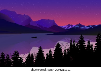 Evening landscape on the river. Travel. Vector illustration. Stars on the sky