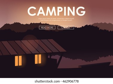 Evening landscape on the river. Travel, home. Vector illustration. Lake house