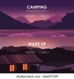 Evening landscape on the river. Travel, home. Vector illustration. Lake house